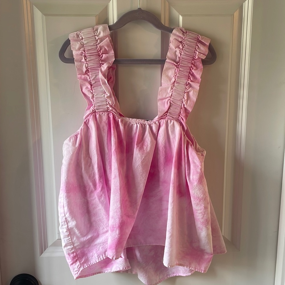 Zara Pink and White tie dye ruffled tank top